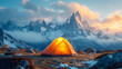 A camping tent at dusk high in the mountains Bright, extremely precise, incredibly lifelike, with a keen focus and vibrant hues