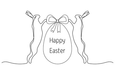 Poster - Hand drawn vector illustration with easter egg and bunny continuous line drawing. Easter vector border. Happy Easter greeting card in continuous line art style. Vector illustration