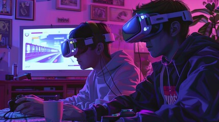 Two gamers engaged in intense virtual reality gaming. neon lights and futuristic vibes. focus on immersive technology and recreation. AI