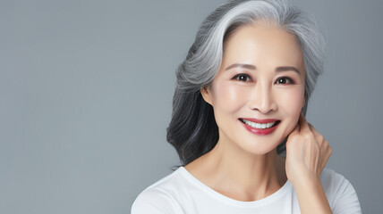 Wall Mural - Charming, pretty, old asian woman touching her perfect soft face skin with fingers, smiling at camera over gray background.
