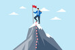 © VZ_Art - Businessman stands on mountain peaks, holding a red flag marking milestones path. Concept of journey to success, overcoming challenges, and achieving goals in business