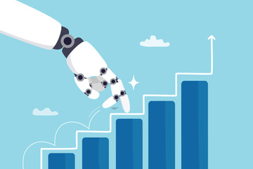 Wall Mural - Rise of AI artificial intelligence, innovation technology to develop growth, success or progress, automation or AI for marketing and financial business concept, robot hand walk up growth graph.