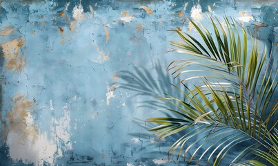 Wall Mural - palm tree branches against a blue cement wall, Generative AI