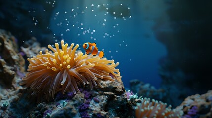 Canvas Print - Vibrant underwater scene with clownfish and anemone in a coral reef. marine ecosystem captured beautifully in a serene aquatic setting. AI
