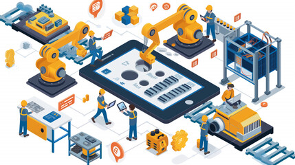 3D vector illustration, production line with workers, automation and user interface concept. Users connect to tablets and share data.