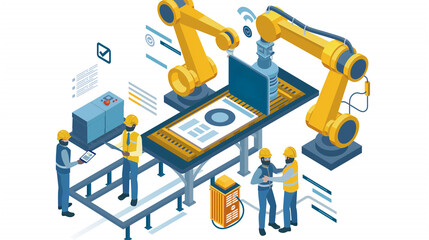 Wall Mural - 3D vector illustration, production line with workers, automation and user interface concept. Users connect to tablets and share data.