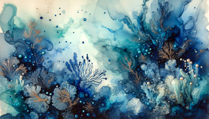 abstract fluid art paint in concept underwater seascape by alcohol ink fluid texture in deep blue an