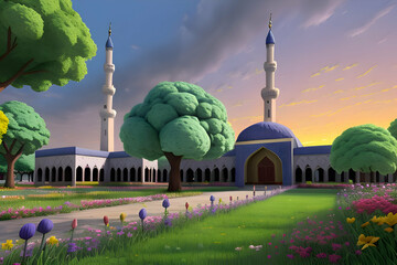 Wall Mural - Beautiful and colorful illustration of a mosque with trees, flowers and peaceful sky, amazing, serene, tranquil, vibrant