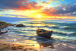 Paintings of the sea and fishermen's boats At sunset in the evening