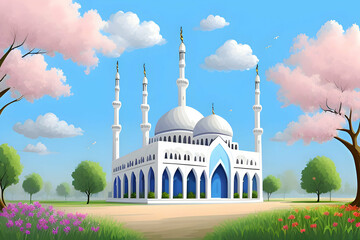 Wall Mural - Beautiful and colorful illustration of a mosque with trees, flowers and peaceful sky, amazing, serene, tranquil, vibrant