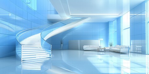 Poster - A Vision of the Future in a Bright, Minimalist Architectural Space with a Cool Blue Hue, Generative AI