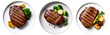 © Green Animation - unsliced grilled beef steak on white plate with tomatoes and sauce, isolated on white transparent background png, top view