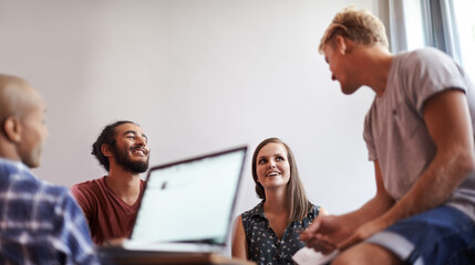 Poster - Students, group and laptop with screen, discussion and learning for education and study. People, technology and books with classroom, diversity and conversation for future development or research