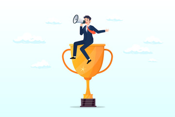 Businessman telling success story with megaphone on winner trophy, success story to motivate people to develop and improve to achieve life success, telling story, inspire people, aspiration (Vector)