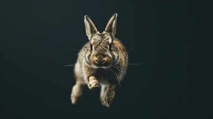 Wall Mural - Rabbit jump on a black background. Flying animal.