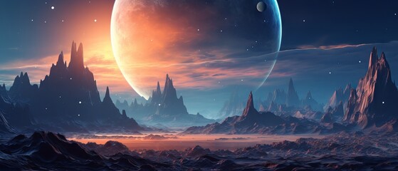 Wall Mural - Vibrant Alien Planet Fantasy Landscape with Ample Copy Space, Canon RF 50mm f/1.2L USM Captured 3D Illustration