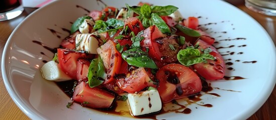 Wall Mural - A white plate is presented with a vibrant salad of strawberries and mozzarella cheese, topped with a balsamic dressing.