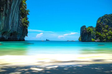 Wall Mural - Aerial panorama of Thailand's verdant, lush tropical island, National Park Island, with blue and aquamarine the sea, and clouds shining by sunlight in the background.