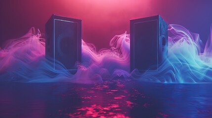 gradient-colored sound waves emanating from two sizable stage speakers