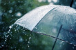 © lucky pics - Close up, transparent umbrella under rainfall against a background of water droplets splashing. Concept of rainy weather. Neural network generated image. Not based on any actual scene or pattern.