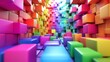 3D rendering of a colorful hallway. The walls are made of bright, rainbow-colored cubes.