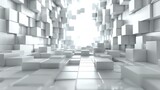 Fototapeta Perspektywa 3d - 3D rendering of a futuristic tunnel made of white cubes. The tunnel is lit by a bright light at the end.
