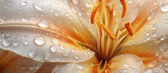 Wall Mural - A close-up view of a white lily flower glistening with water droplets. Each delicate petal is adorned with shimmering droplets, highlighting the beauty of natures intricate details.