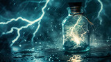 Fototapeta  - Close-up of a bottle filled with a miniature storm, lightning swirling inside, representing contained chaos