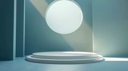 Wall Mural - 3D rendering of a blue and white podium with a circular window in the background.