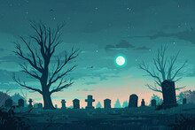 Illustration Of A Calm Minimalist Graveyard Under A Twilight Sky