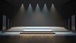 3D rendering of an empty stage with spotlights. The stage is made of white marble and has three steps.