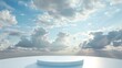 3D rendering of a simple podium or pedestal under a cloudy blue sky with a hazy sun in the background.