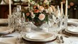 A beautifully set table with a centerpiece of flowers, candles, and wine glasses. The table is set with fine china and silverware.