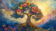 Surreal depiction of a mythical tree whose core blooms with flowers of unimaginable colors, radiating energy