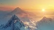 The rugged mountain peaks are capped with snow and the sun is rising behind them. The sky is a deep orange and the clouds are a light pink.
