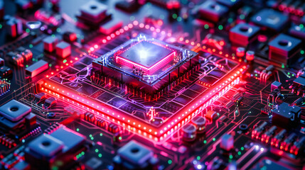 Poster - digital processor technology: computing and electronics, circuit board, blue technical background