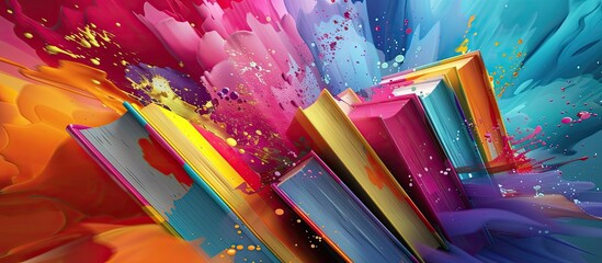 Poster - A vibrant painting showcasing a book with a colorful splash of paint on it. The book stands out against a background filled with bursting colors, creating a dynamic and eye-catching composition.