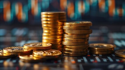 Wall Mural - Row of piles of gold coins with stock charts, for finance and business concepts and growth.