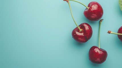 Wall Mural - Close-up of fresh, ripe cherries with water drops on a blue background.