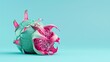 This is a 3D rendering of a dragon fruit cut in half. The outer skin is a light blue-green color, and the inside is a vibrant pink.