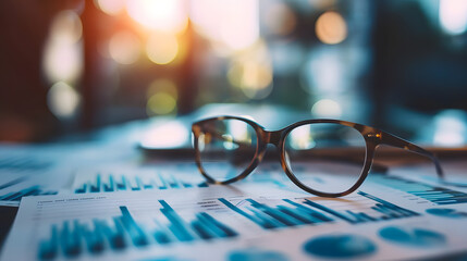 Poster - Glasses on the table with financial charts and graphs. Business concept.