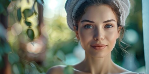 Portrait of charming sensitive woman in luxury spa salon, staged photo with copyspace, professional shoot