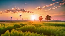 Sunset Over The Field With Wind Turbines In The Background. Landscape. Ecological Wind Turbines On A Green Field, AI Generated