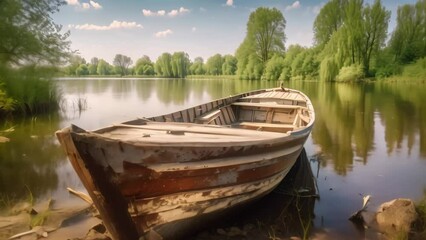 Sticker - Old wooden boat on the shore of a lake in the spring. yellow boat on the lake at the wooden pier, AI Generated