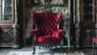 Ornate red velvet armchair in a luxurious library.