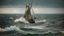 Vintage Sailboat In Stormy Sea. Toned Image. Old Sailboat Caught In A Big Storm At Sea, AI Generated