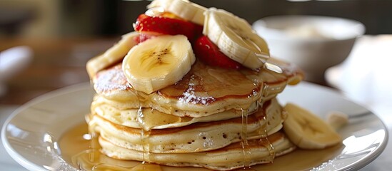 Sticker - A stack of fluffy pancakes with slices of fresh bananas and juicy strawberries piled on top. The sweet fruits add a burst of flavor and color to the indulgent breakfast treat.