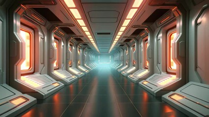 Poster - spaceship corridor with lights and reflections, 3d render. 3d rendered illustration of an empty illu