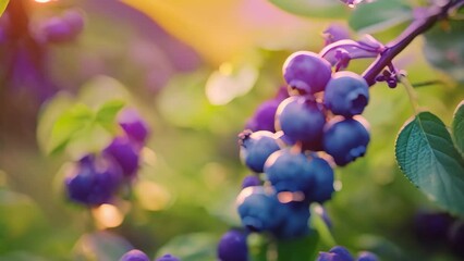 Canvas Print - Bunch of ripe blueberries on a branch in the garden. A branch with natural blueberries on a blurred background of a blueberry garden at golden hour, AI Generated