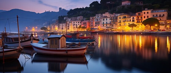 Mystical Harbor Twilight: Vibrant Porto Venero, Italy, with Lantern-Lit Boats - Canon RF 50mm f/1.2L USM